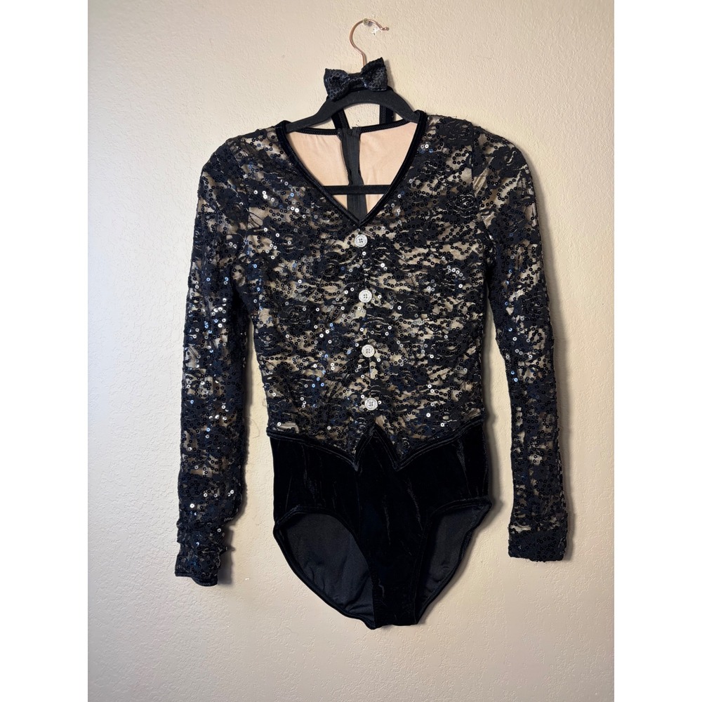 Weissman Black Sequin Lace Velvet Dance Leotard Costume with Bow SA
